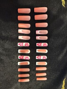 2 for $10 Pink Floral and Solid Peach Fake Nail Set no glue